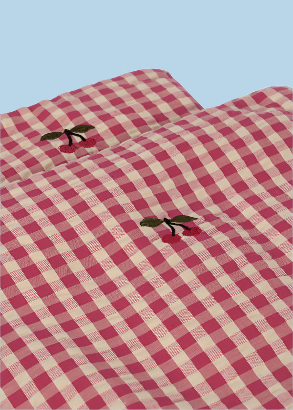 Premium cotton gingham doll bedding in pink and white checkered pattern with button-tufted details