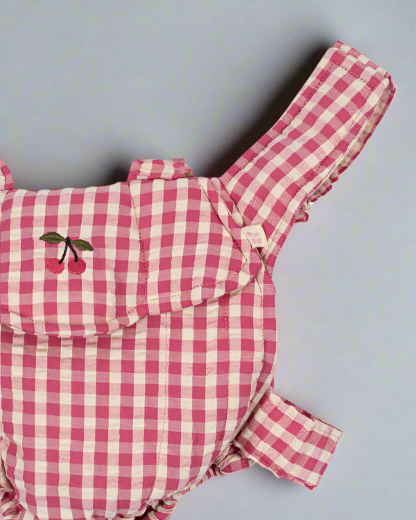 OEKO-TEX cotton doll carrier featuring classic pink and white checkered design with cherry embroidery