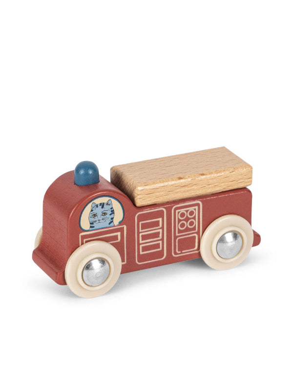 Little red wooden car with cat driver made from FSC-certified beech wood for toddlers