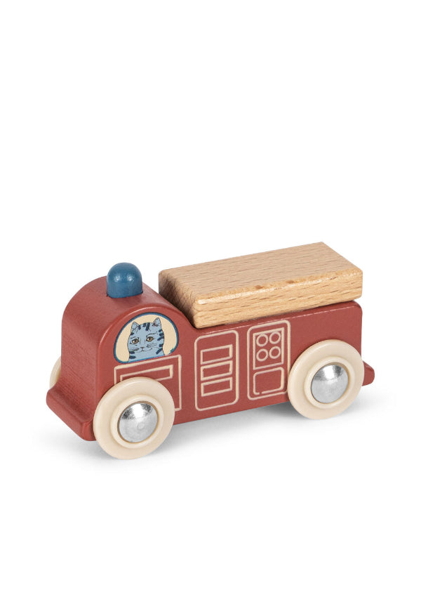 Little red wooden car with cat driver made from FSC-certified beech wood for toddlers