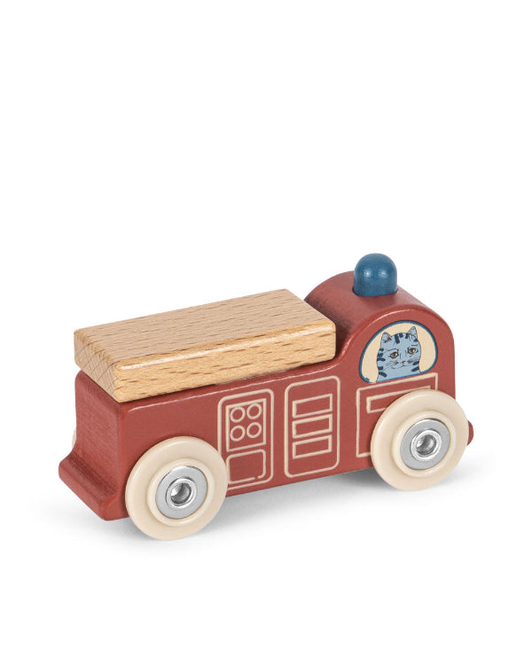Charming red push toy car featuring smooth wheels and adorable cat character detail