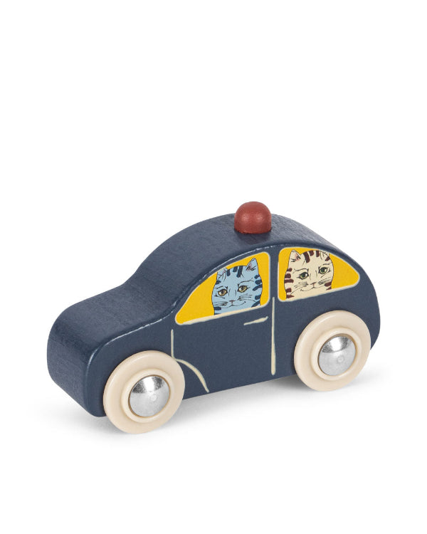 Little blue wooden car with cat passengers made from FSC-certified beech wood for toddlers