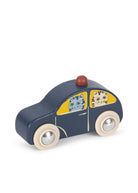 Little blue wooden car with cat passengers made from FSC-certified beech wood for toddlers