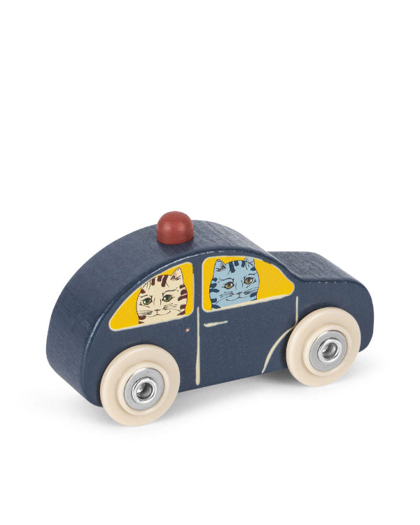 Charming blue push toy car featuring smooth wheels and adorable cat character details
