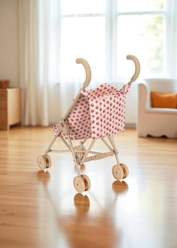 Full Rosie Rose doll stroller with vintage floral fabric, champagne frame and four-wheel mobility system