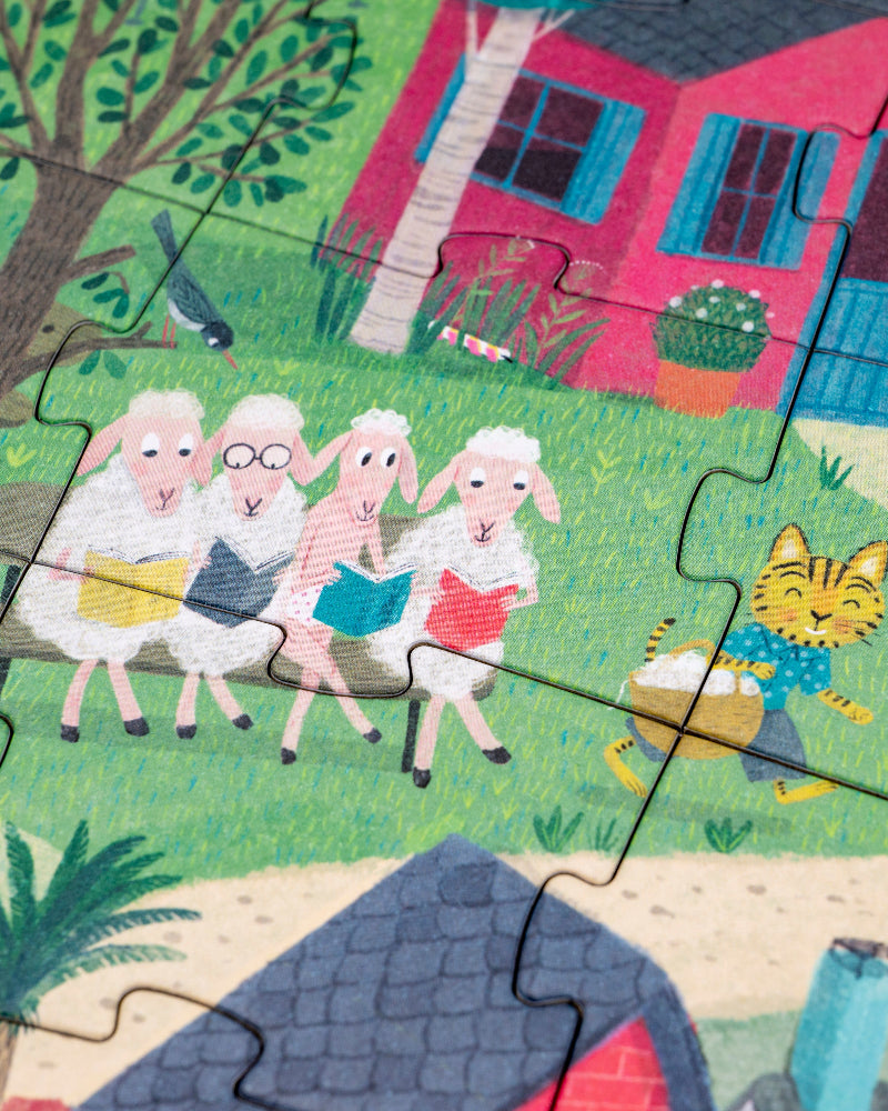 Children's puzzle with cartoon sheep and a cat in a garden setting