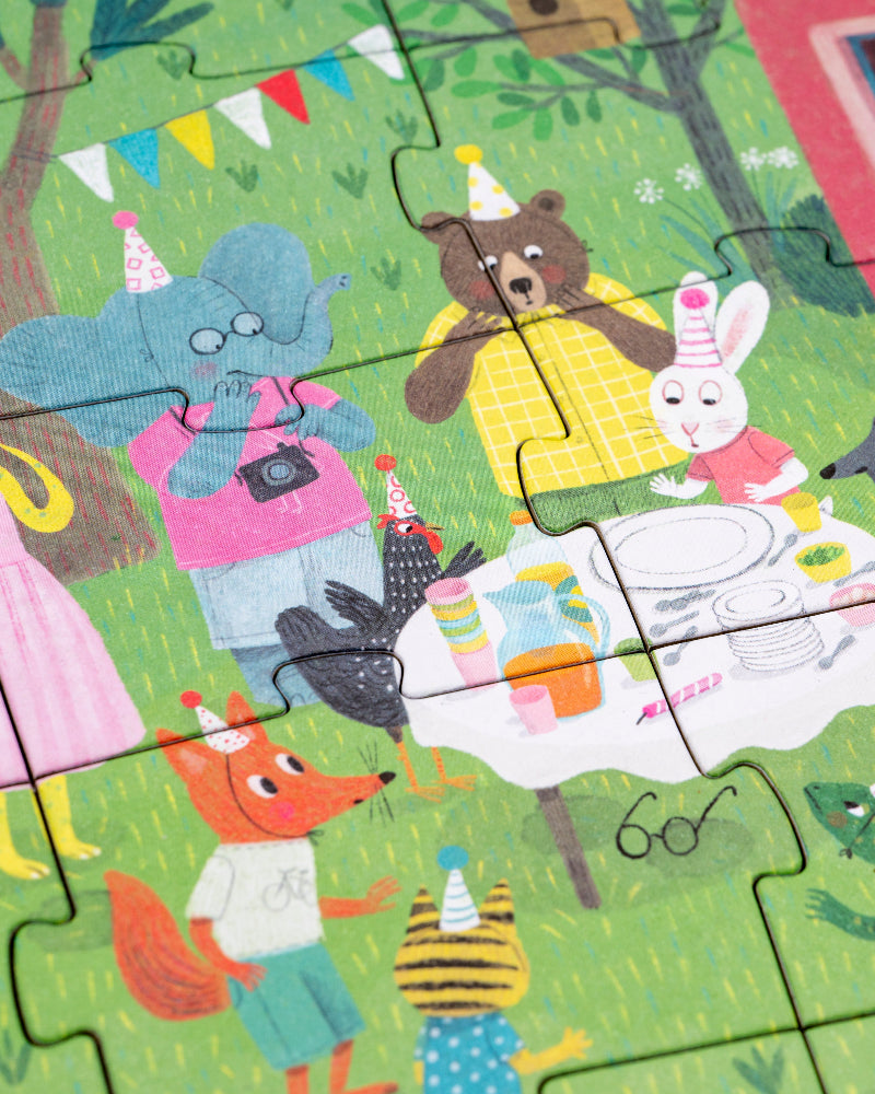 Children's puzzle with illustrated animal characters at a party.