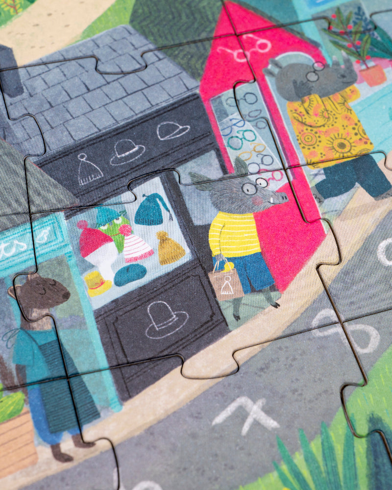 Children's puzzle with illustrated street scene featuring a store and characters.