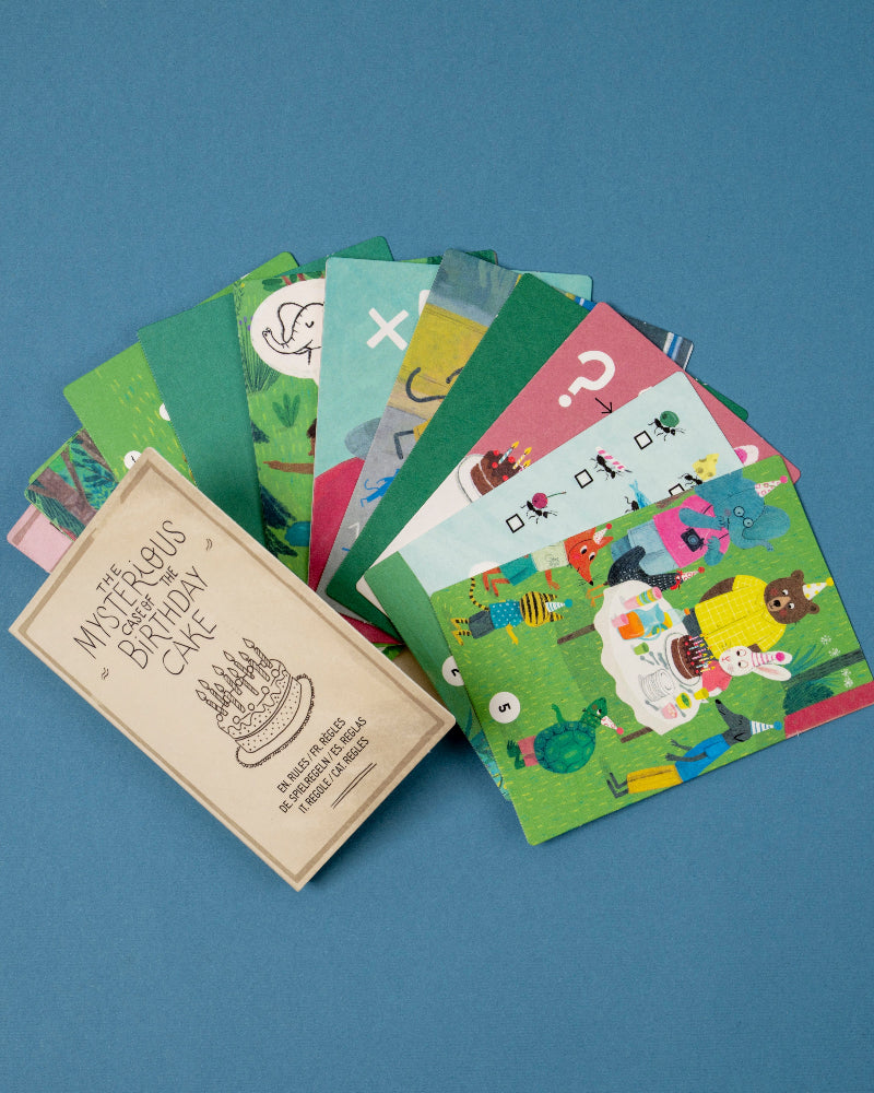 Set of colorful greeting cards with various designs on a blue background