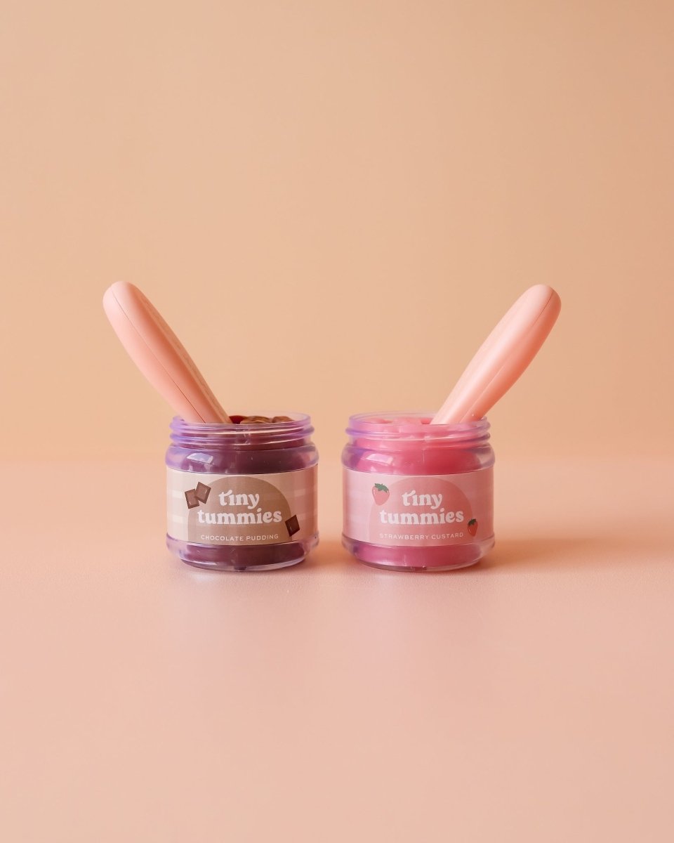 Tiny Harlow chocolate pudding flavor doll food jar with matching spoon for pretend play mealtimes