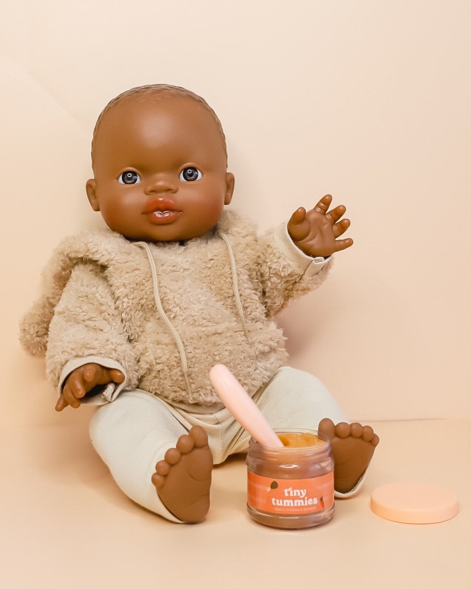 Tiny Harlow roast chicken doll food jar with child-friendly spoon for play kitchen fun