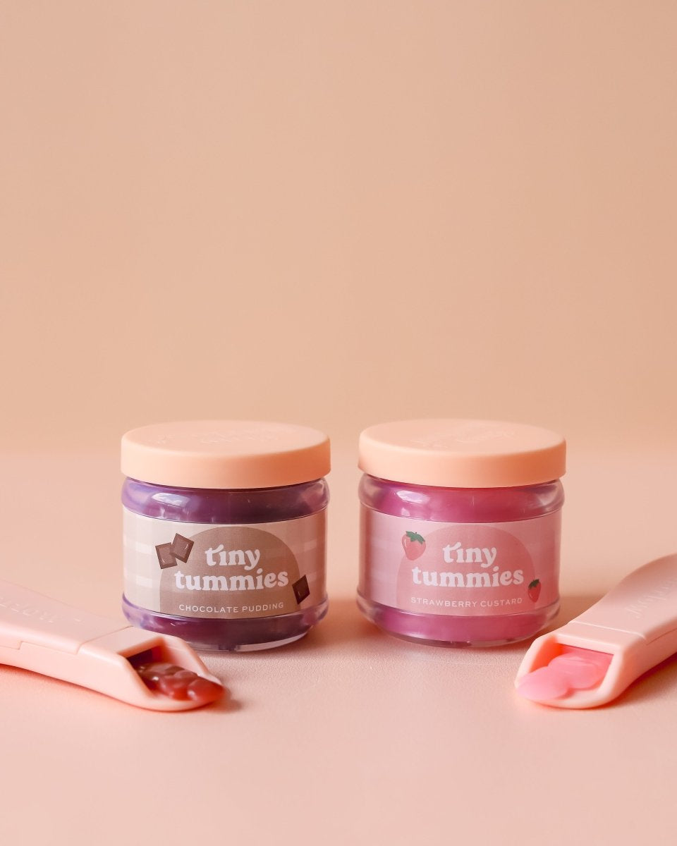 Collectible role play toys featuring Tiny Harlow strawberry custard doll food with feeding spoon