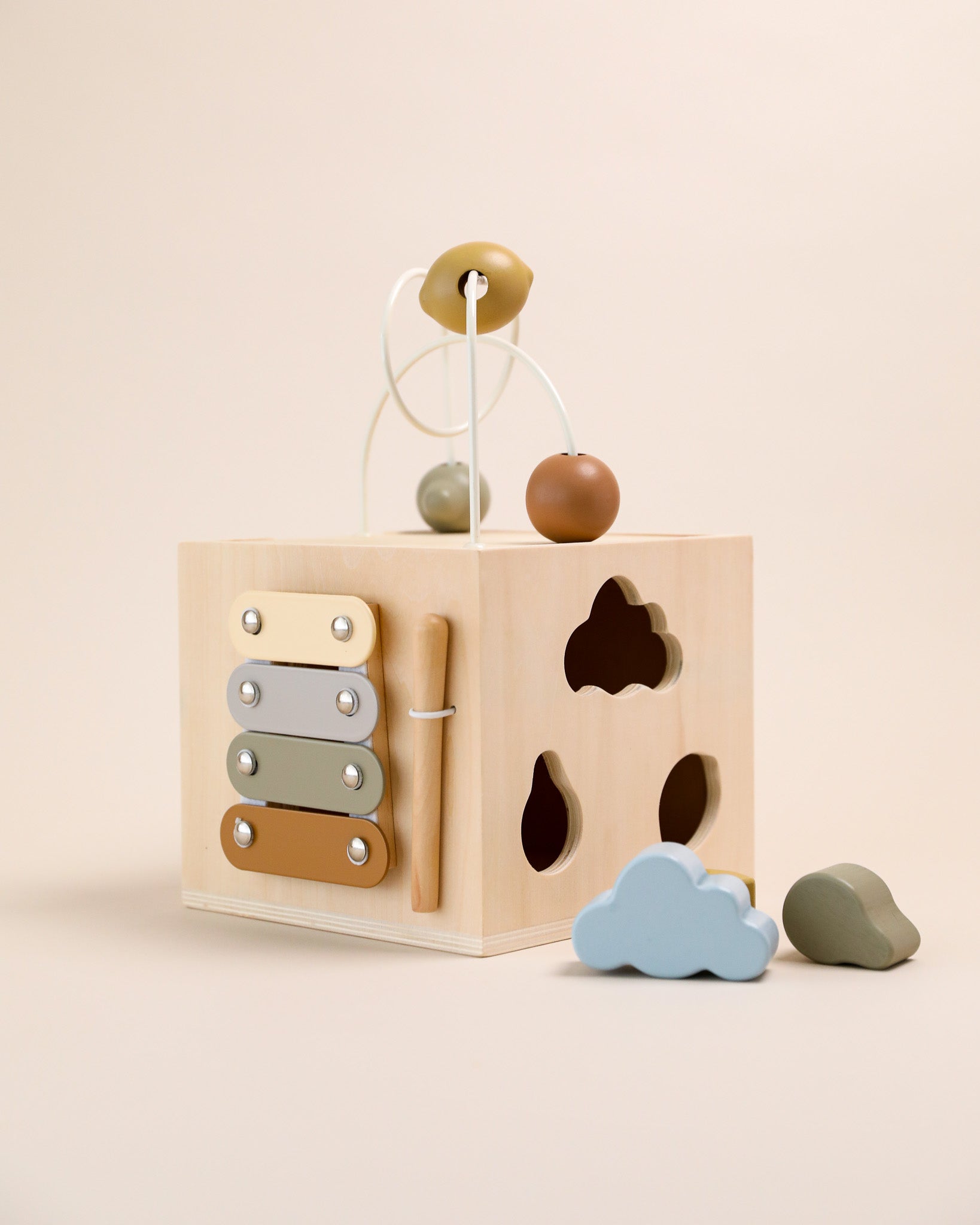 wooden activity cube, activity toy, busy board, busy box