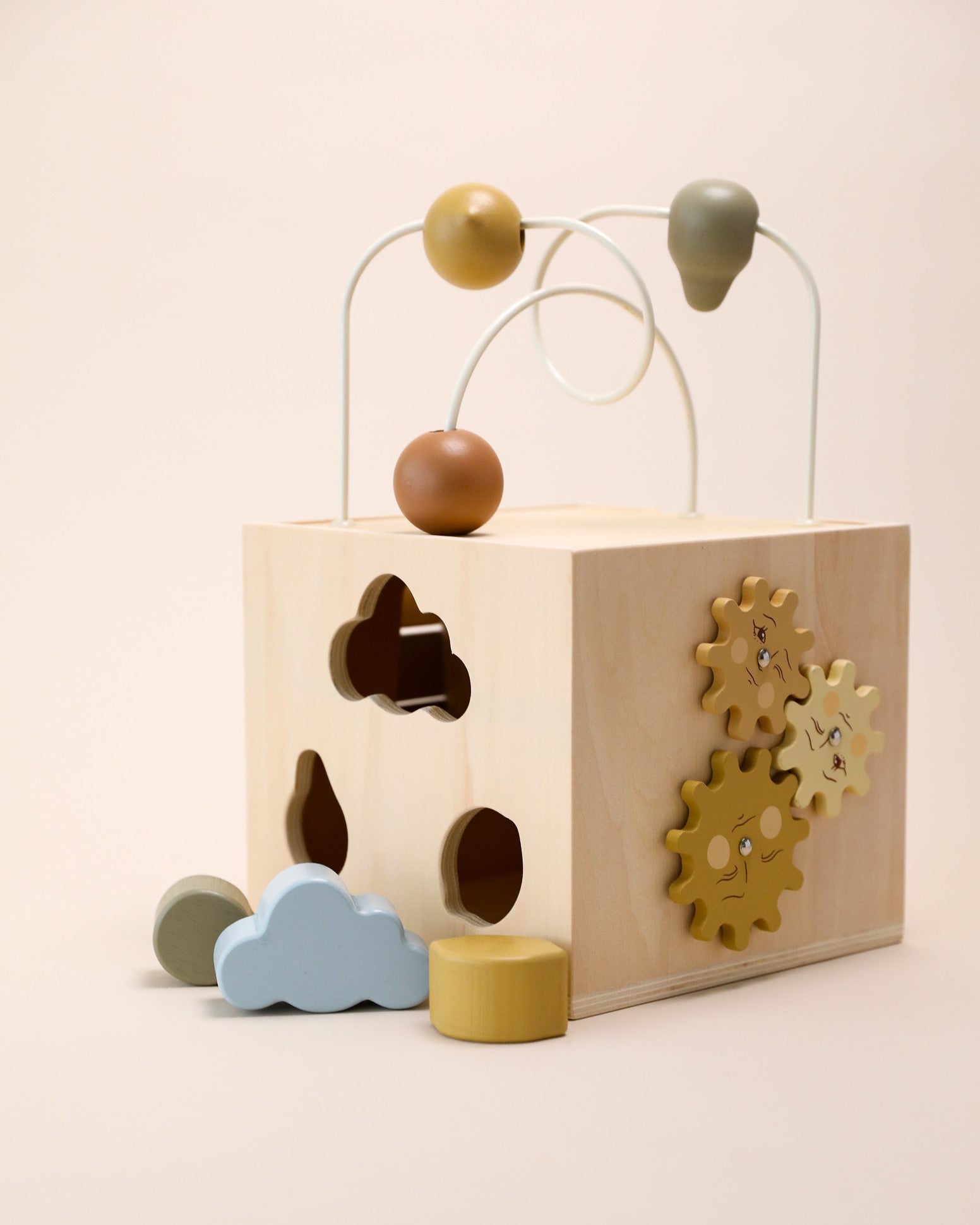 wooden activity cube, activity toy, busy board, busy box