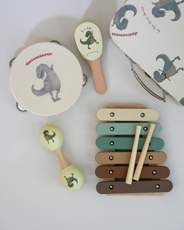 Sustainable wooden music set featuring dinosaur theme and comprehensive instrument variety for kids