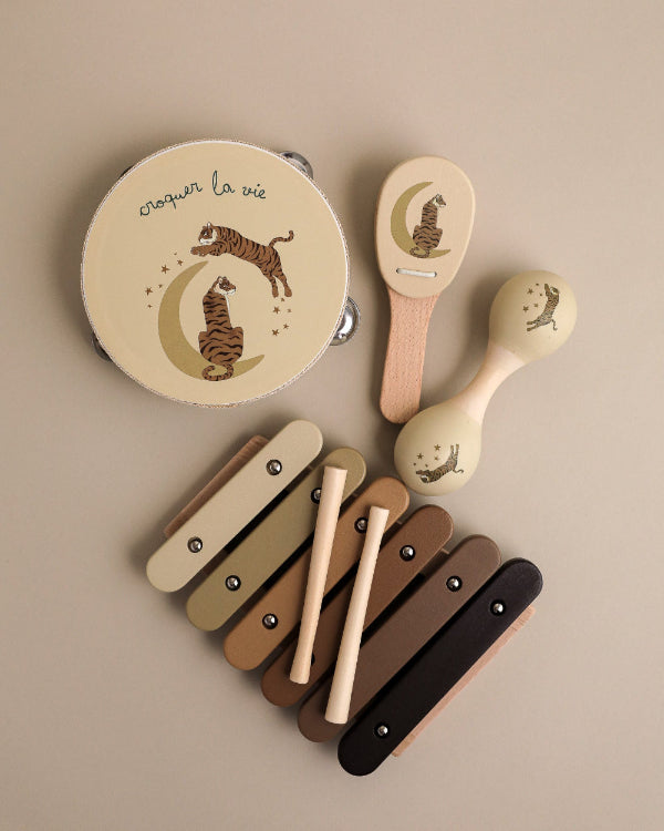 Five-piece wooden tiger music set with tambourine, castanet, maraca, xylophone and storage box