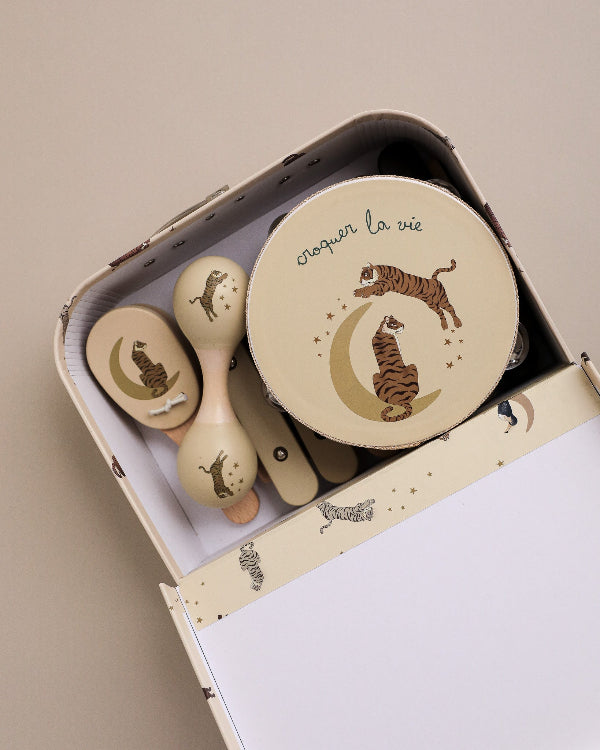 Complete wooden music play set with tiger motifs and natural wood finish perfect for children