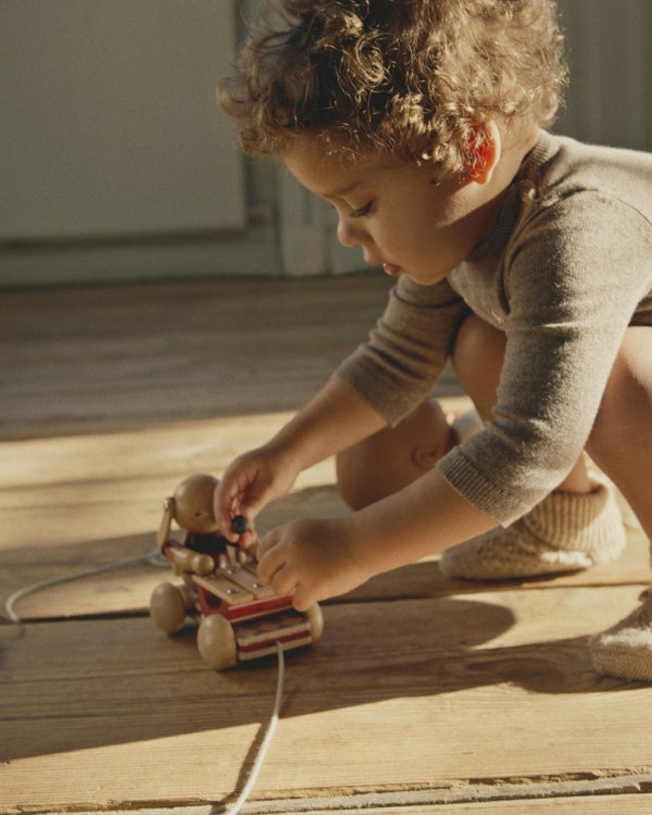 Sustainable beech wood pull-along toys featuring musical bear and bunny characters for active play