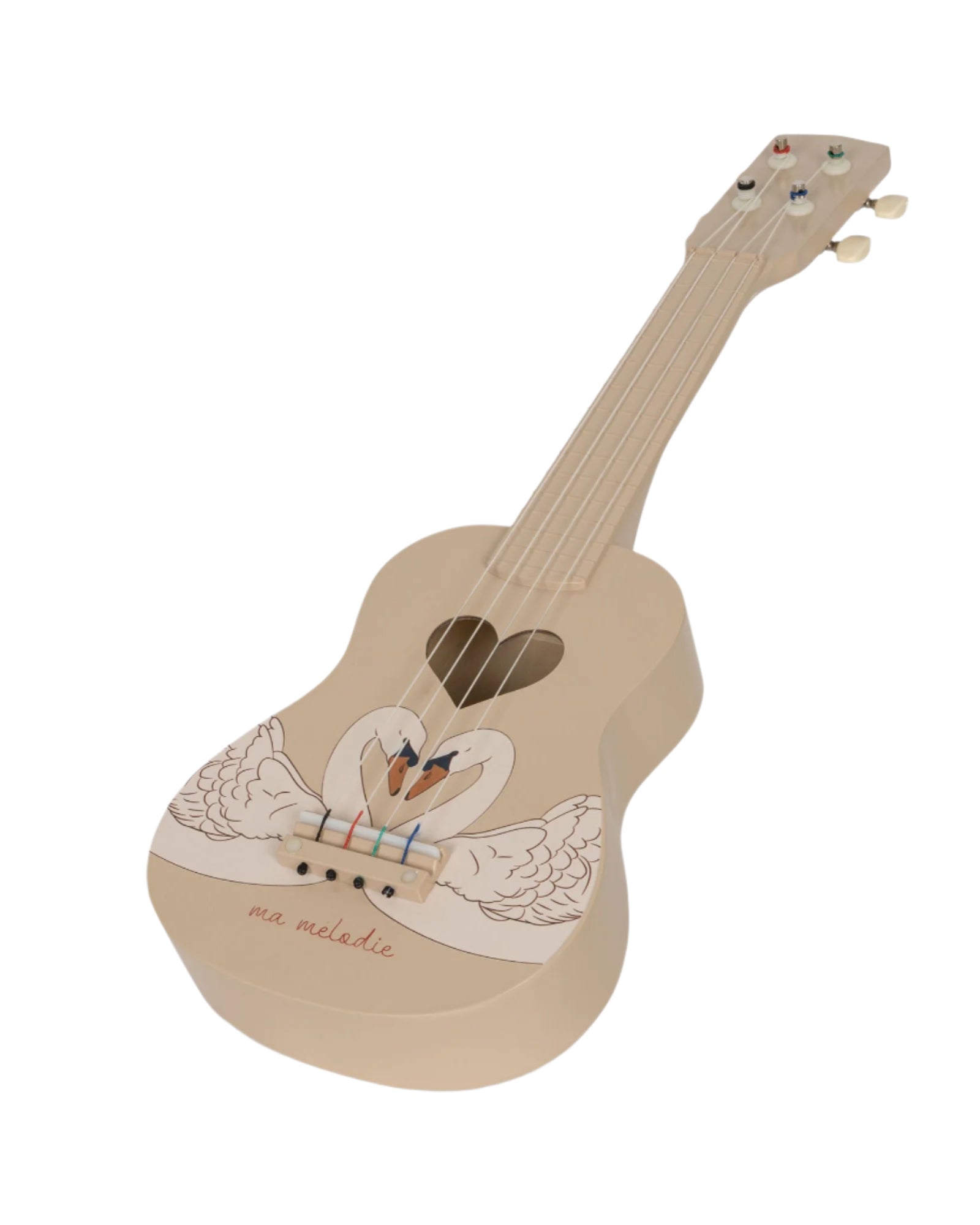 Cream colored wooden ukulele displaying graceful swan wing motifs and heart-shaped opening