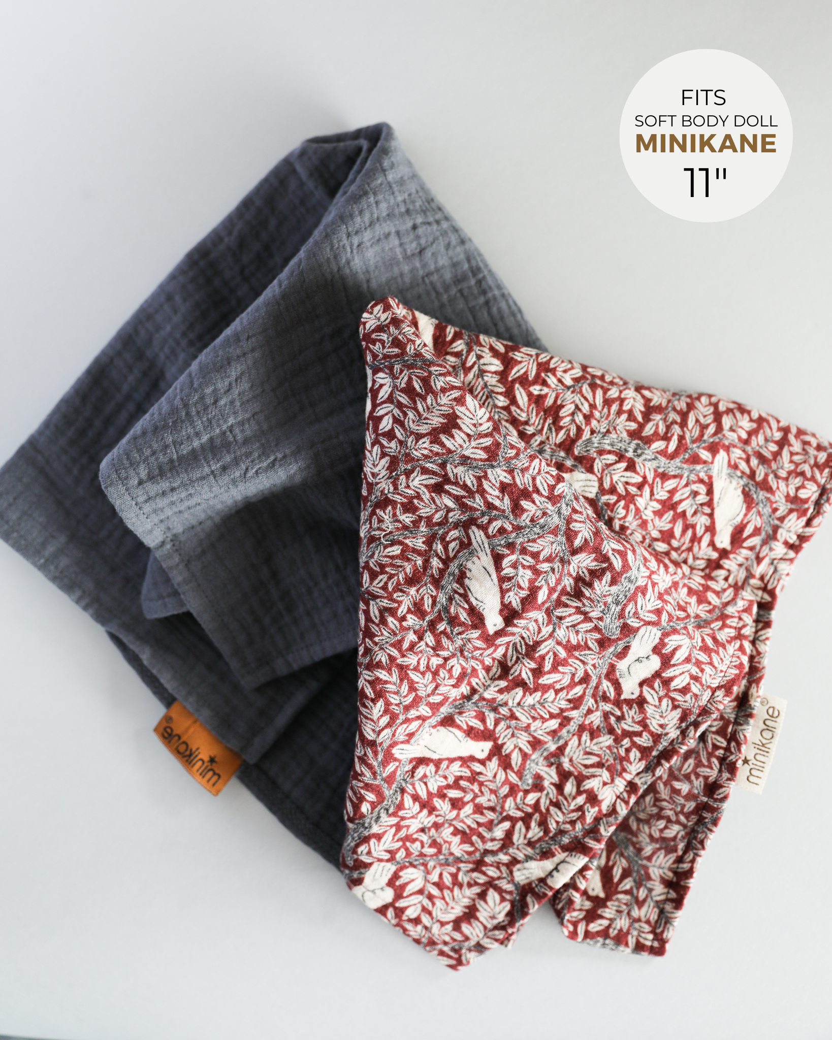 Minikane Doll Clothes | Soft Baby Doll Swaddles - pack of 2 (Grey & Dove Print)