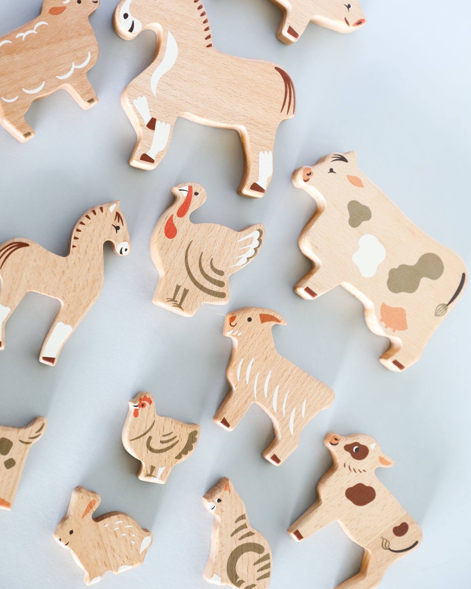Wooden Farm Animal Figures - Set of 14