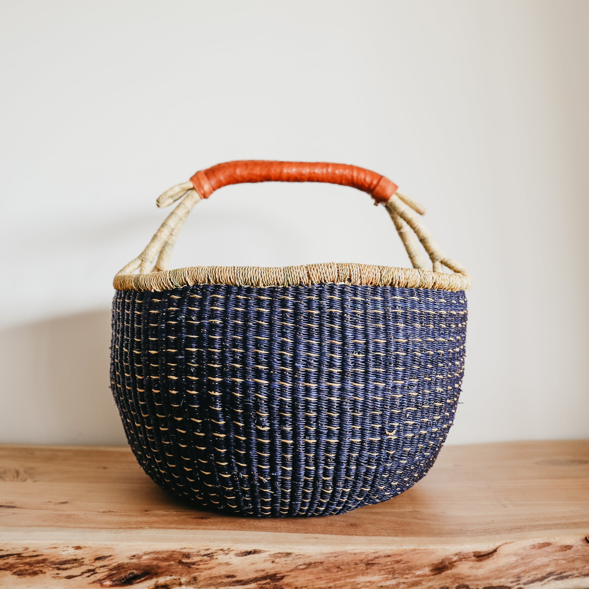 Large Bolga Basket - Blue with Natural Stripes