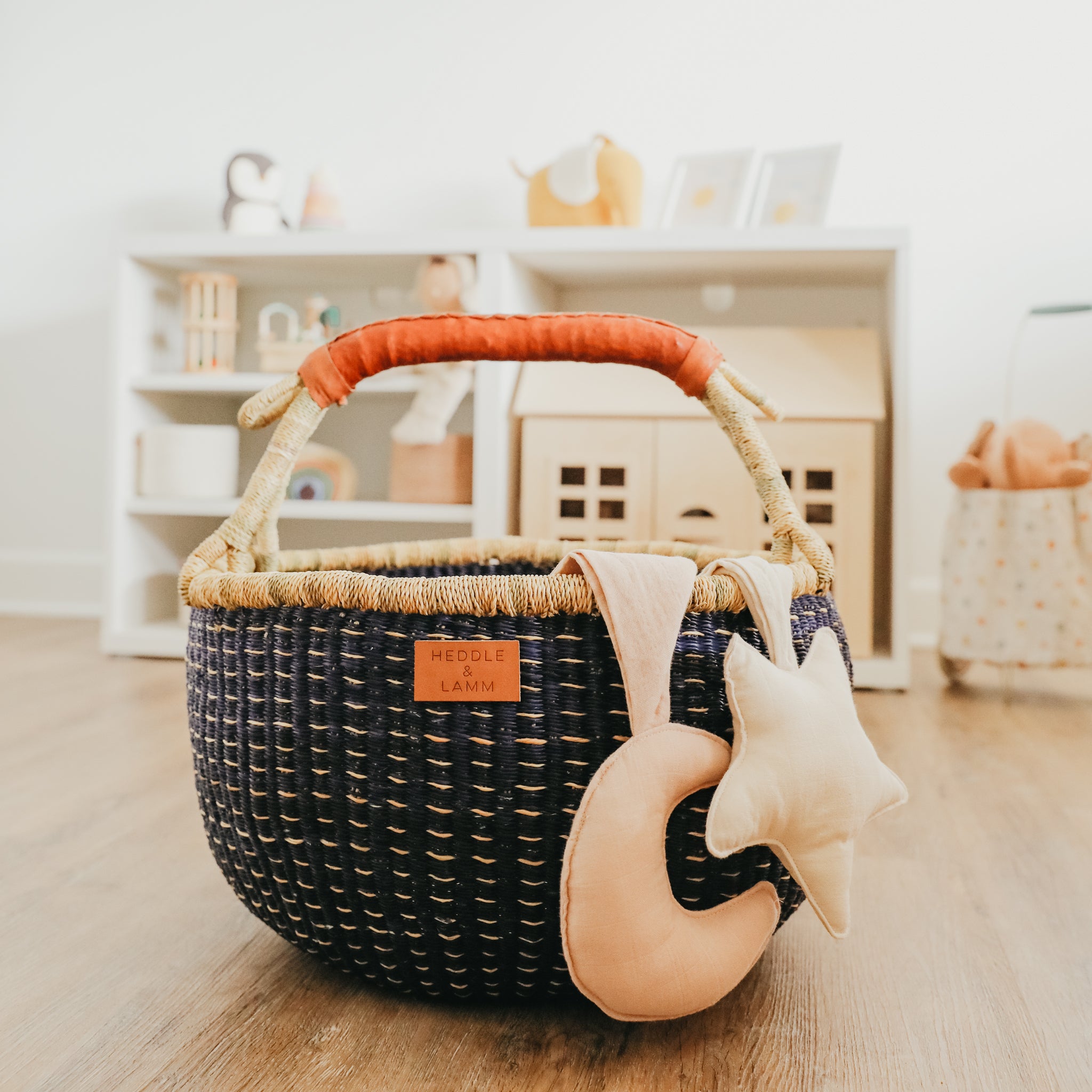 Large Bolga Basket - Blue with Natural Stripes