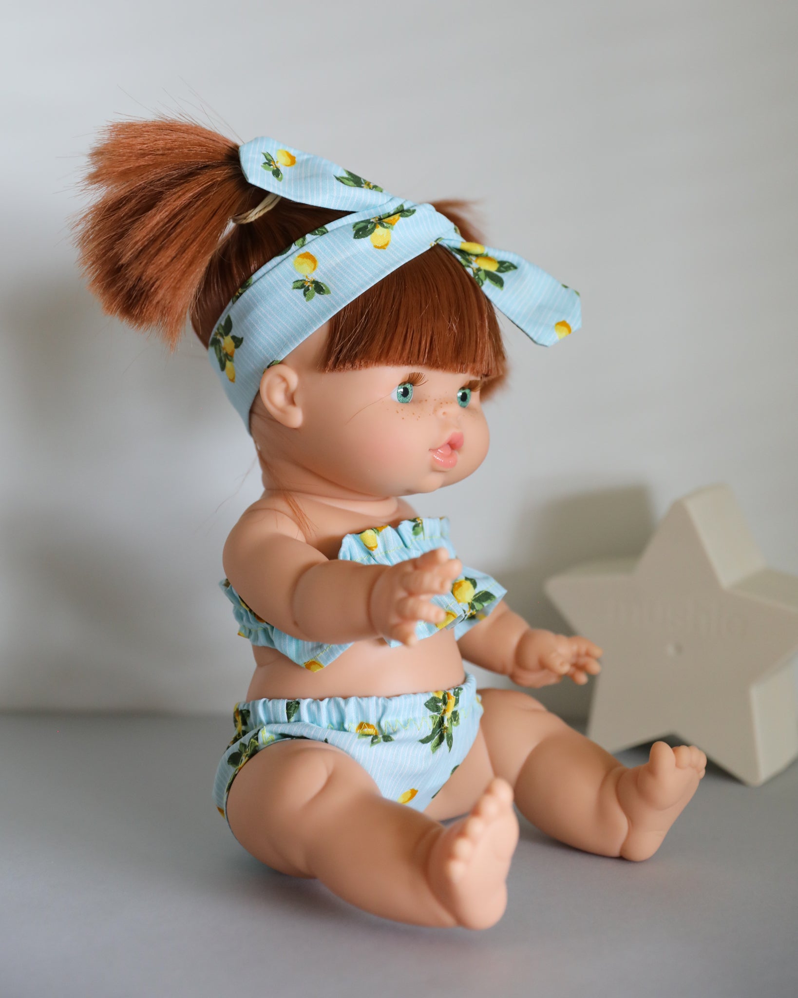 Minikane Doll Clothes | Two-Piece Lemon Swimsuit with Headband
