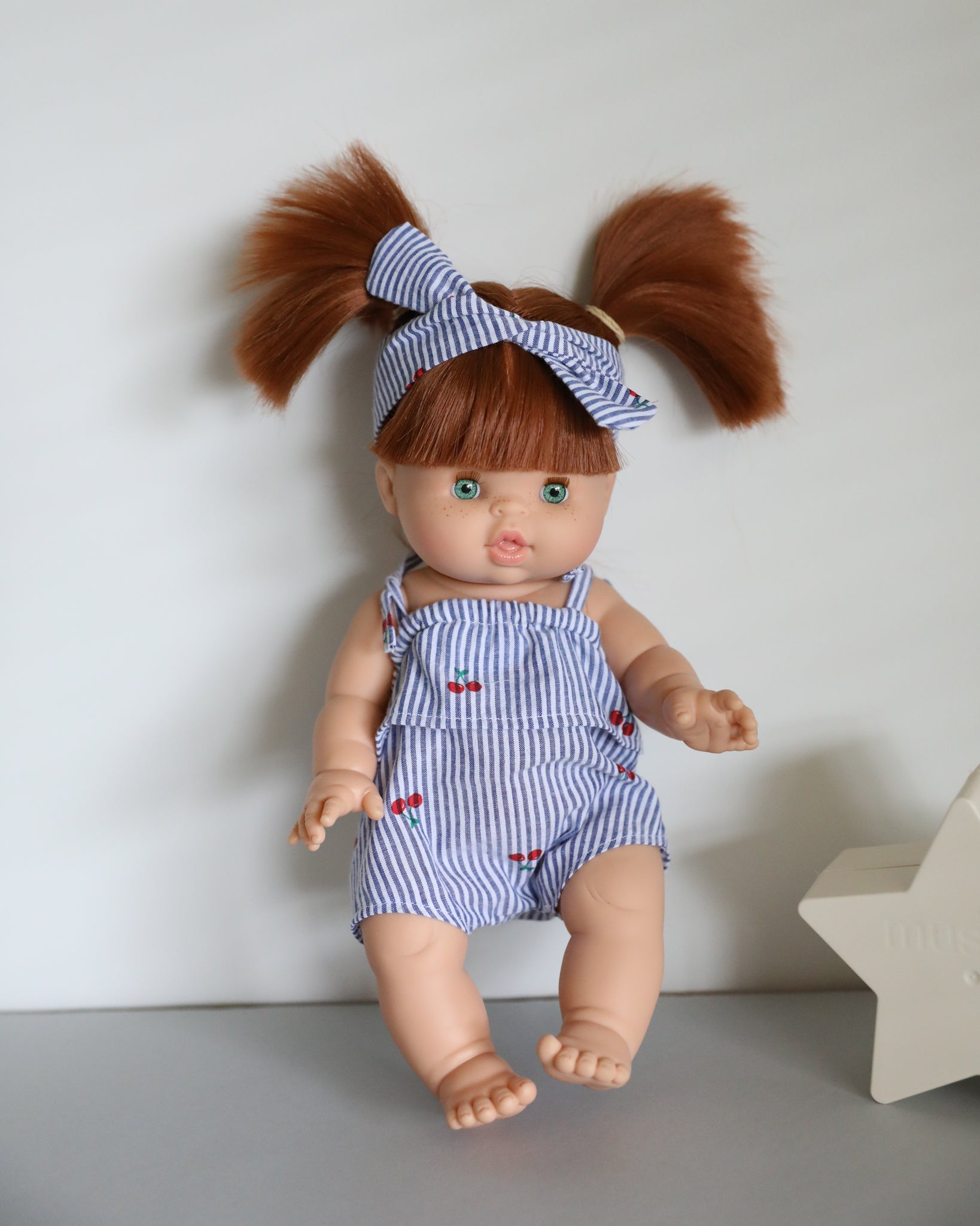 Minikane Doll Clothes | Striped Cherry Romper with Headband