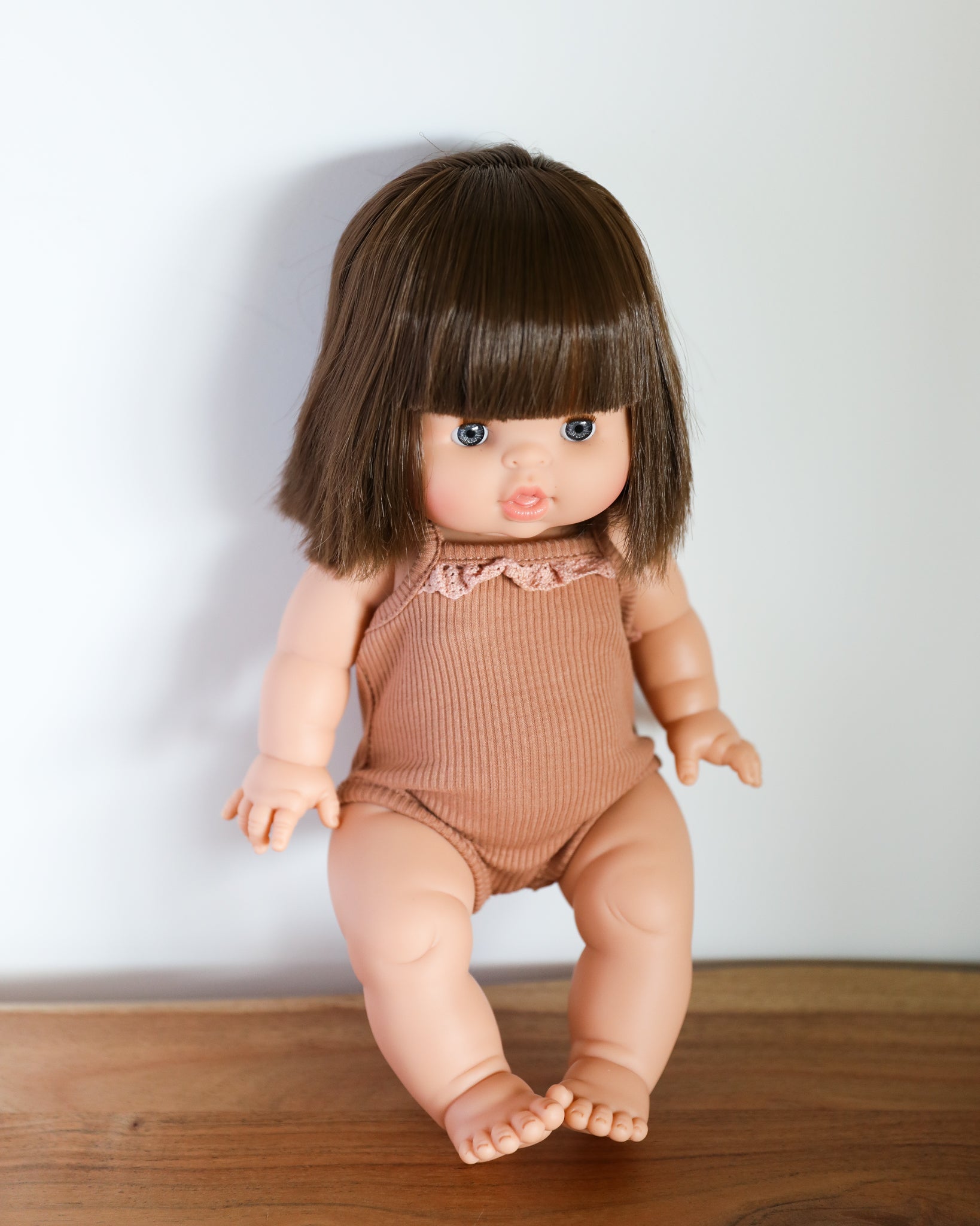 Minikane Doll Clothes | Baby Girl Doll Ribbed Cotton & Lace Bodysuit (Beige)