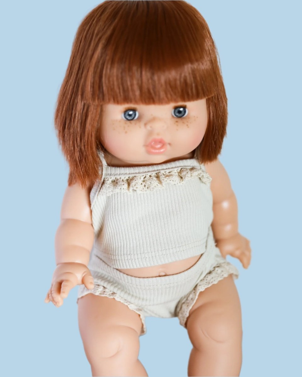 Modern minimalist doll outfit in neutral tones