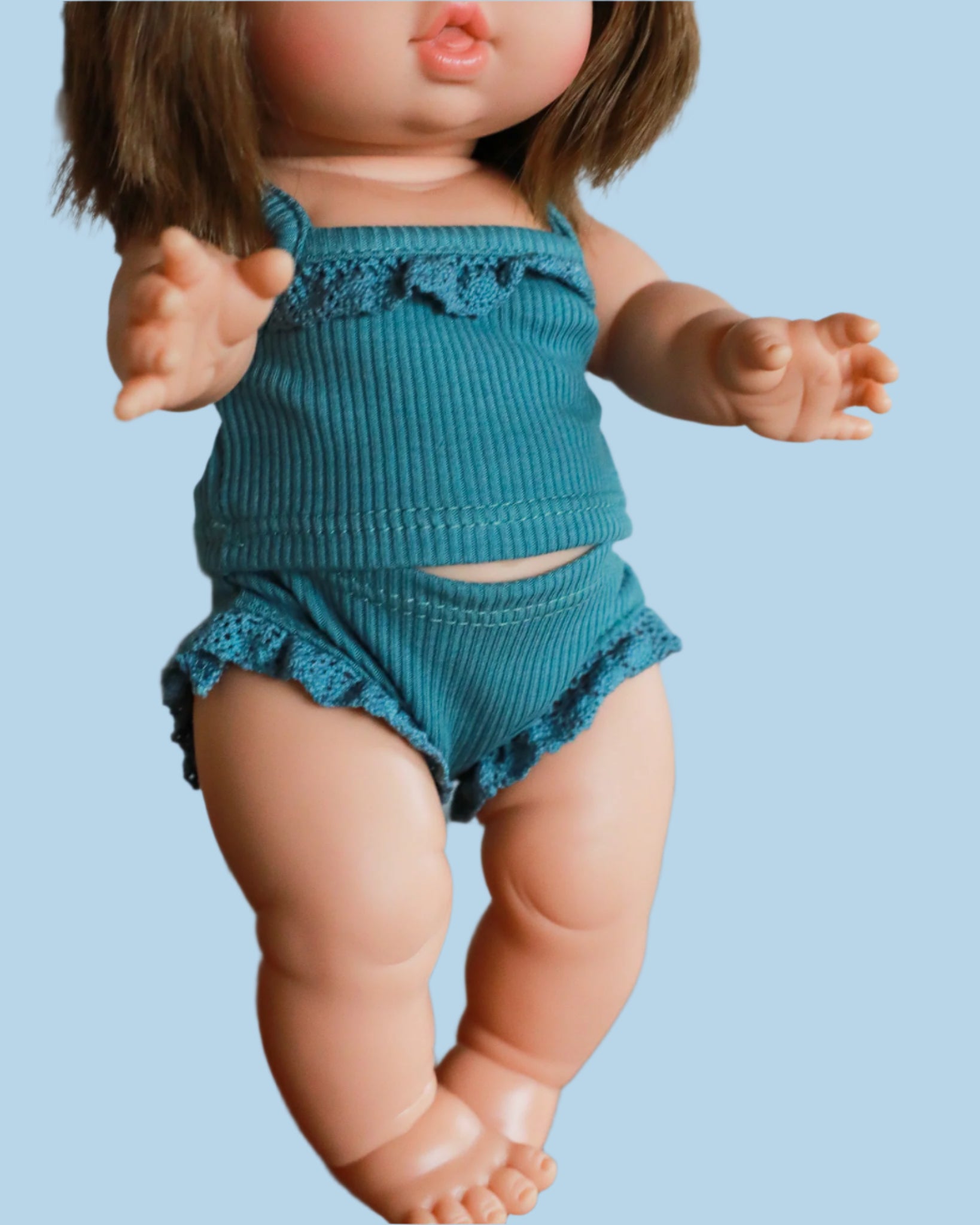 Summer doll outfit with sun hat accessory