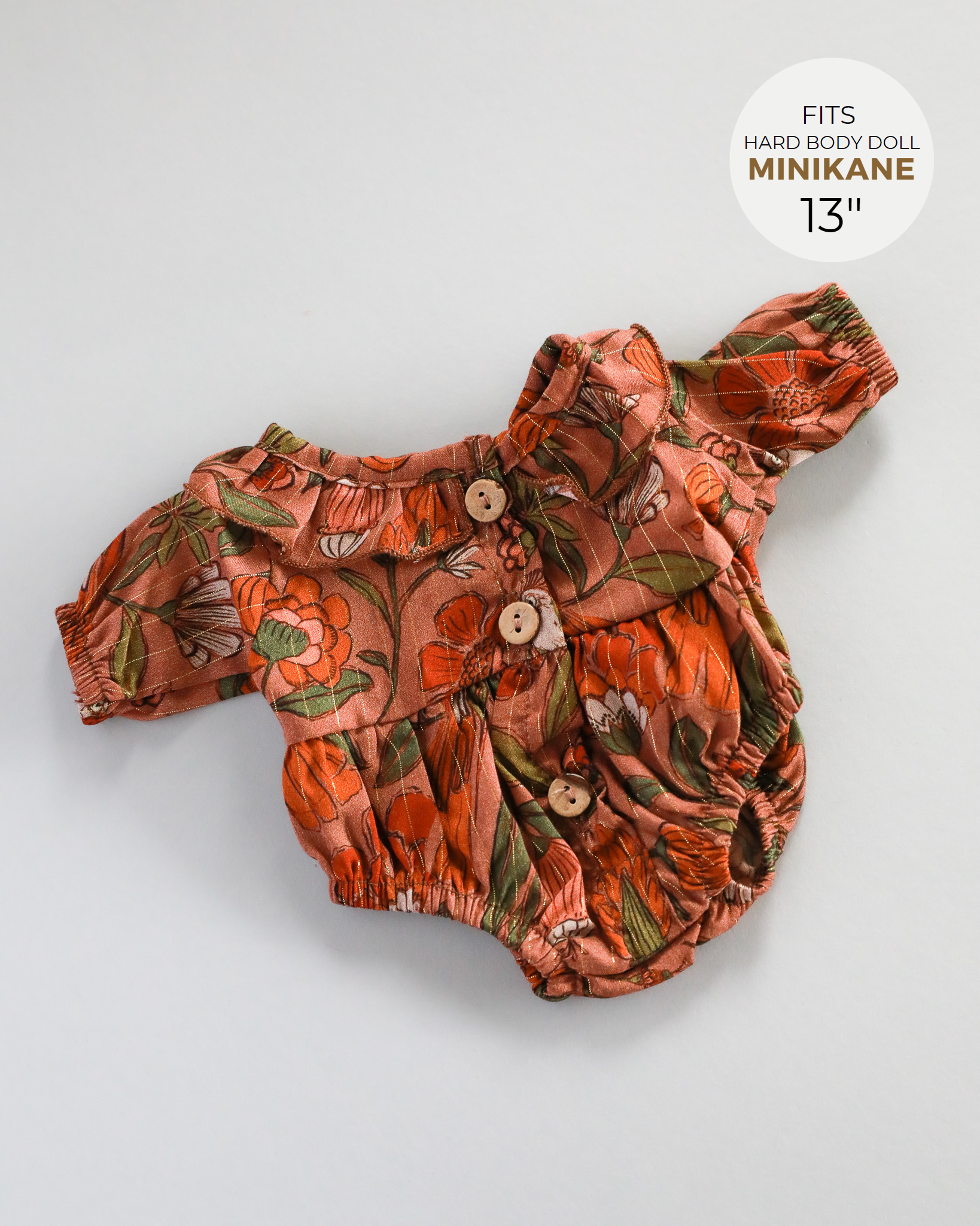 Minikane Doll Clothes | Baby Doll Floral Romper (Brown)