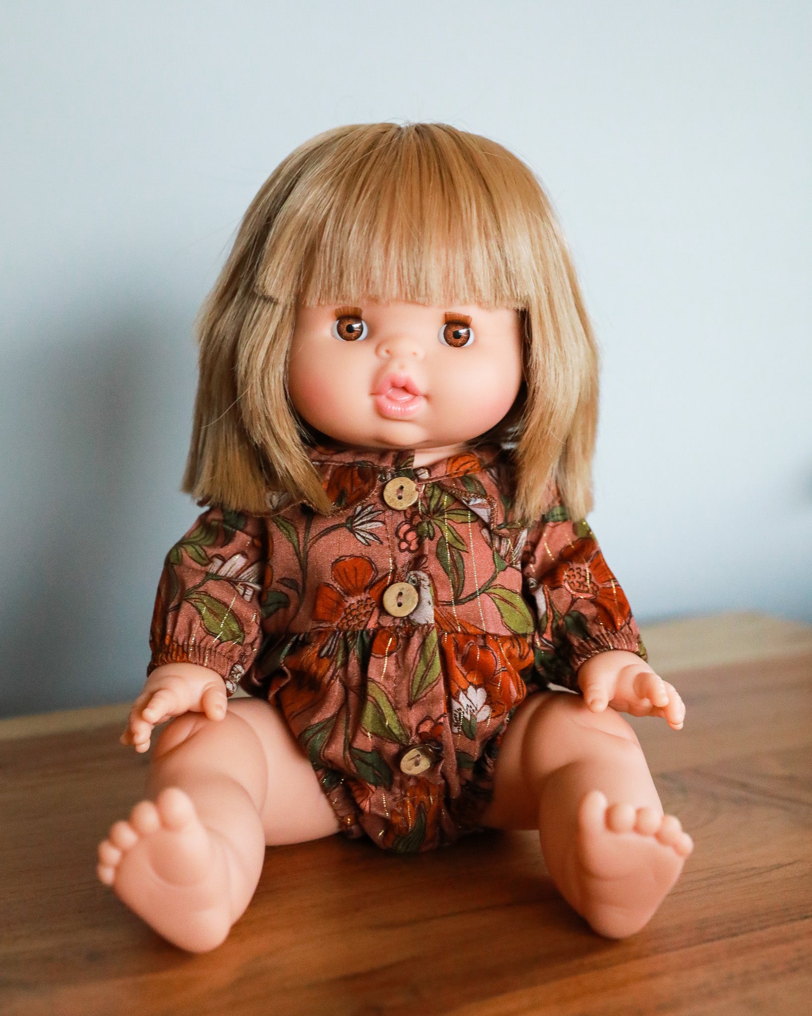 Minikane Doll Clothes | Baby Doll Floral Romper (Brown)