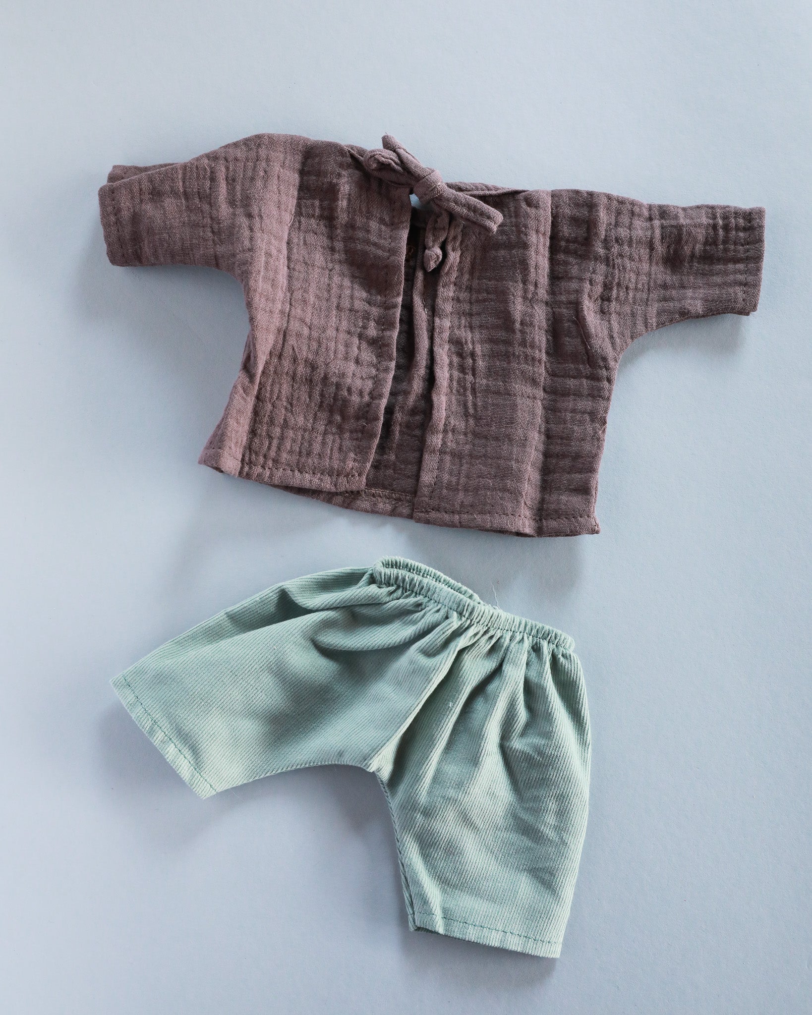 Minikane Doll Clothes | Baby Doll Muslin Top and Velvet Pant Set - Green & Grape