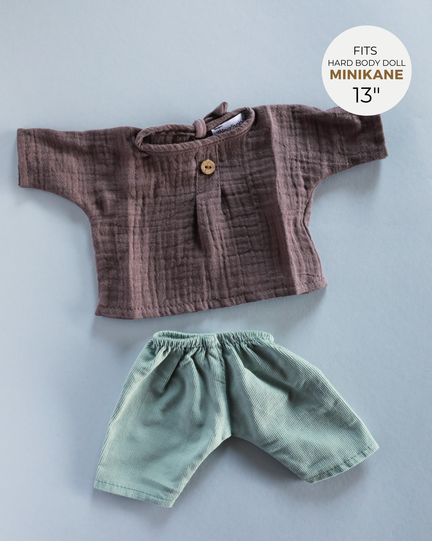 Minikane Doll Clothes | Baby Doll Muslin Top and Velvet Pant Set - Green & Grape