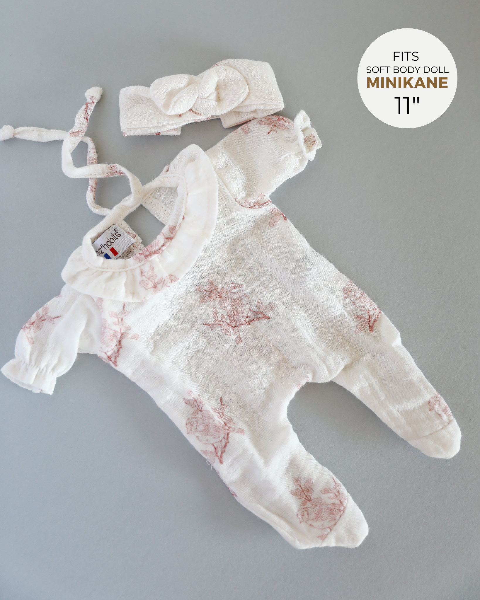 Minikane Doll Clothes | Soft Body Doll Onesie with Headband (Bird Print)