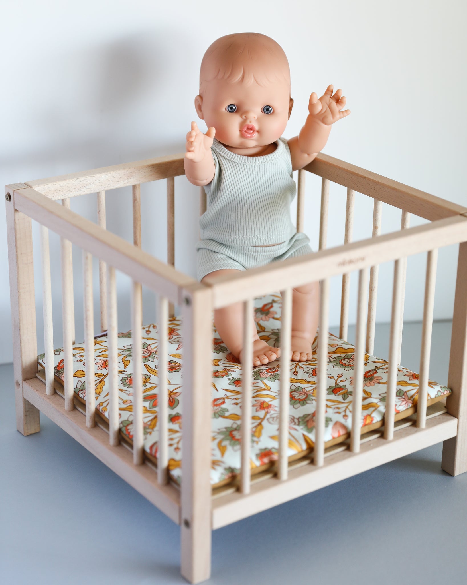 Minikane Doll Furniture | Wooden Baby Doll Playpen - Flower Print