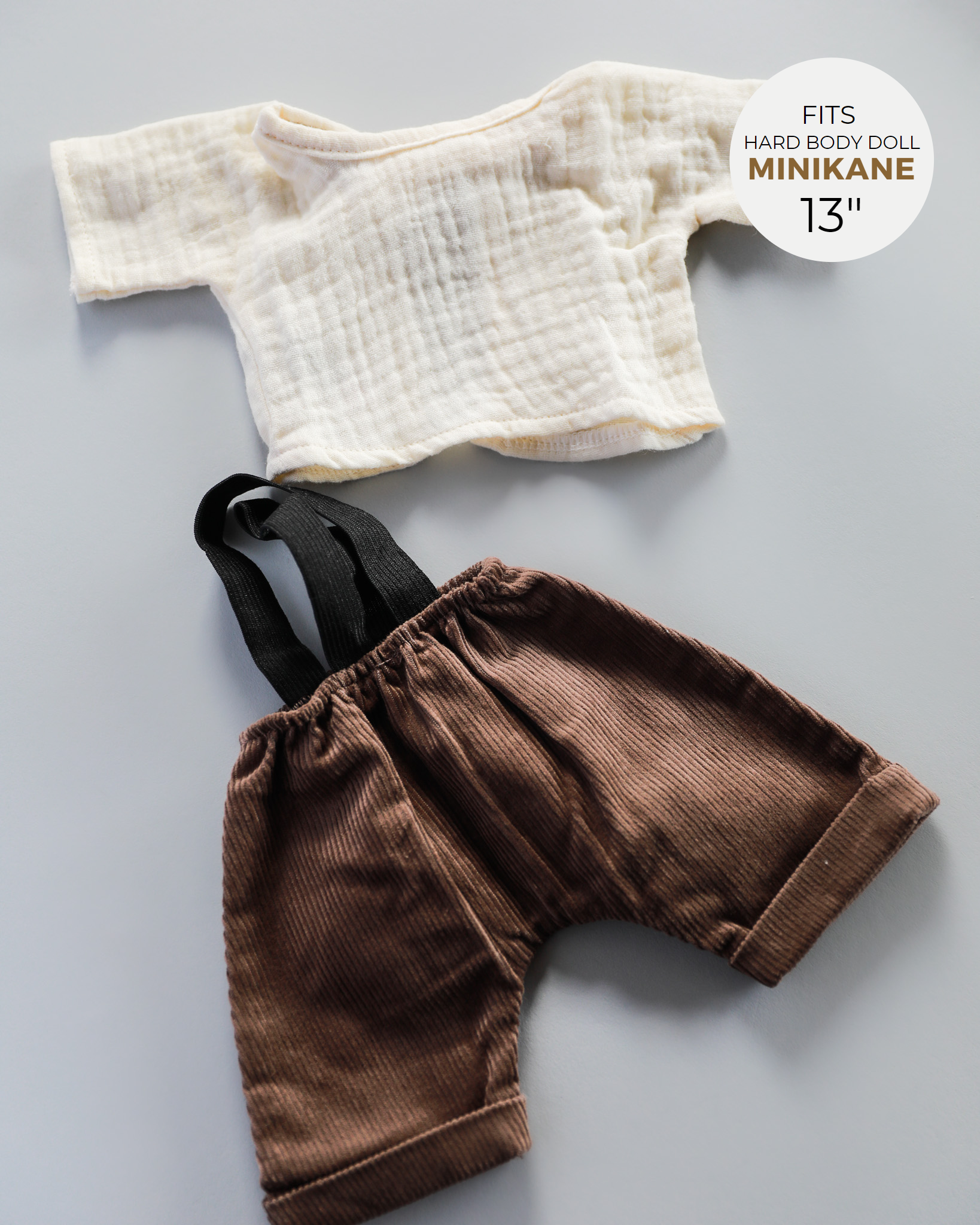 Minikane Doll Clothes | Baby Doll Muslin Top and Velvet Pant Set (Brown)