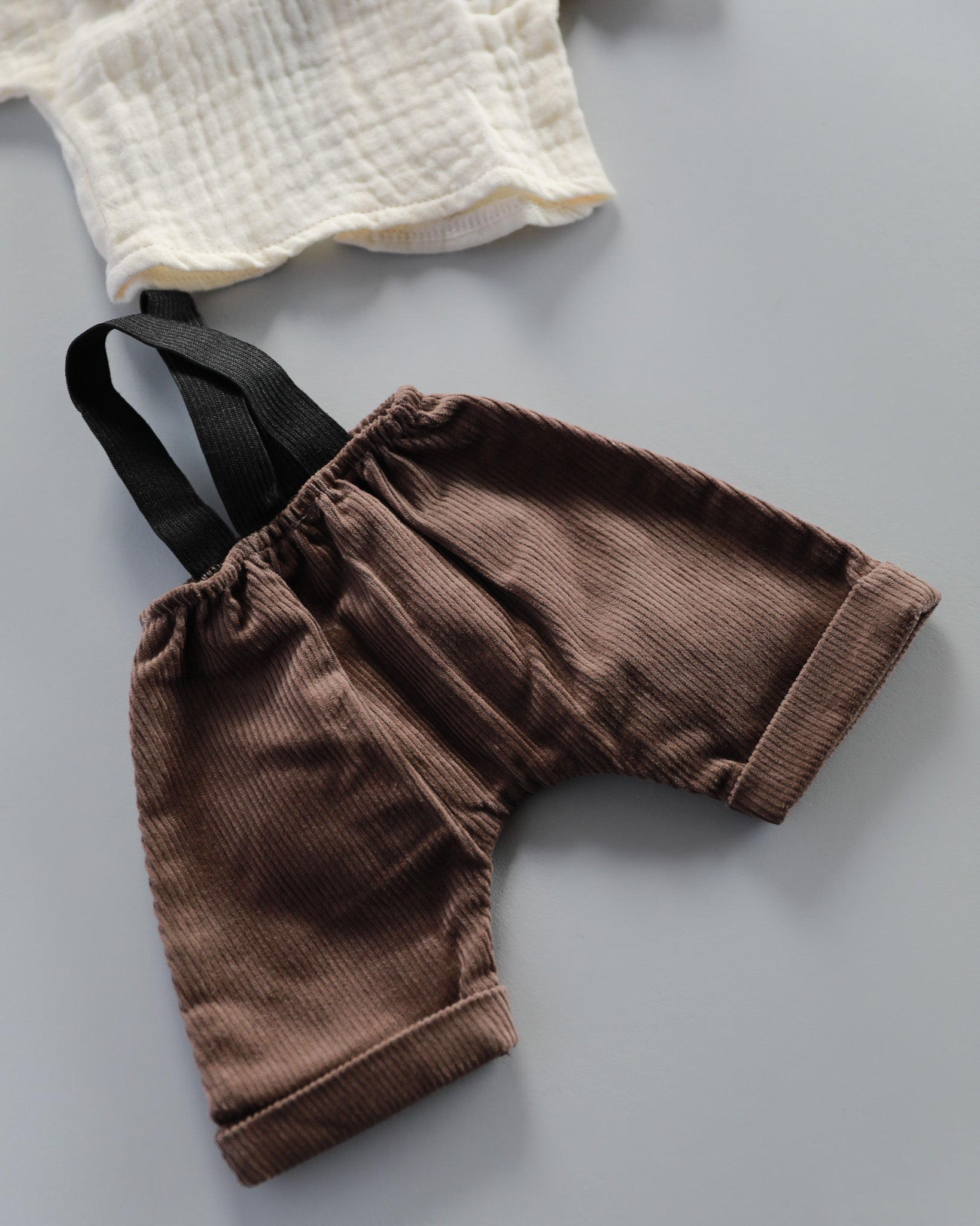 Minikane Doll Clothes | Baby Doll Muslin Top and Velvet Pant Set (Brown)