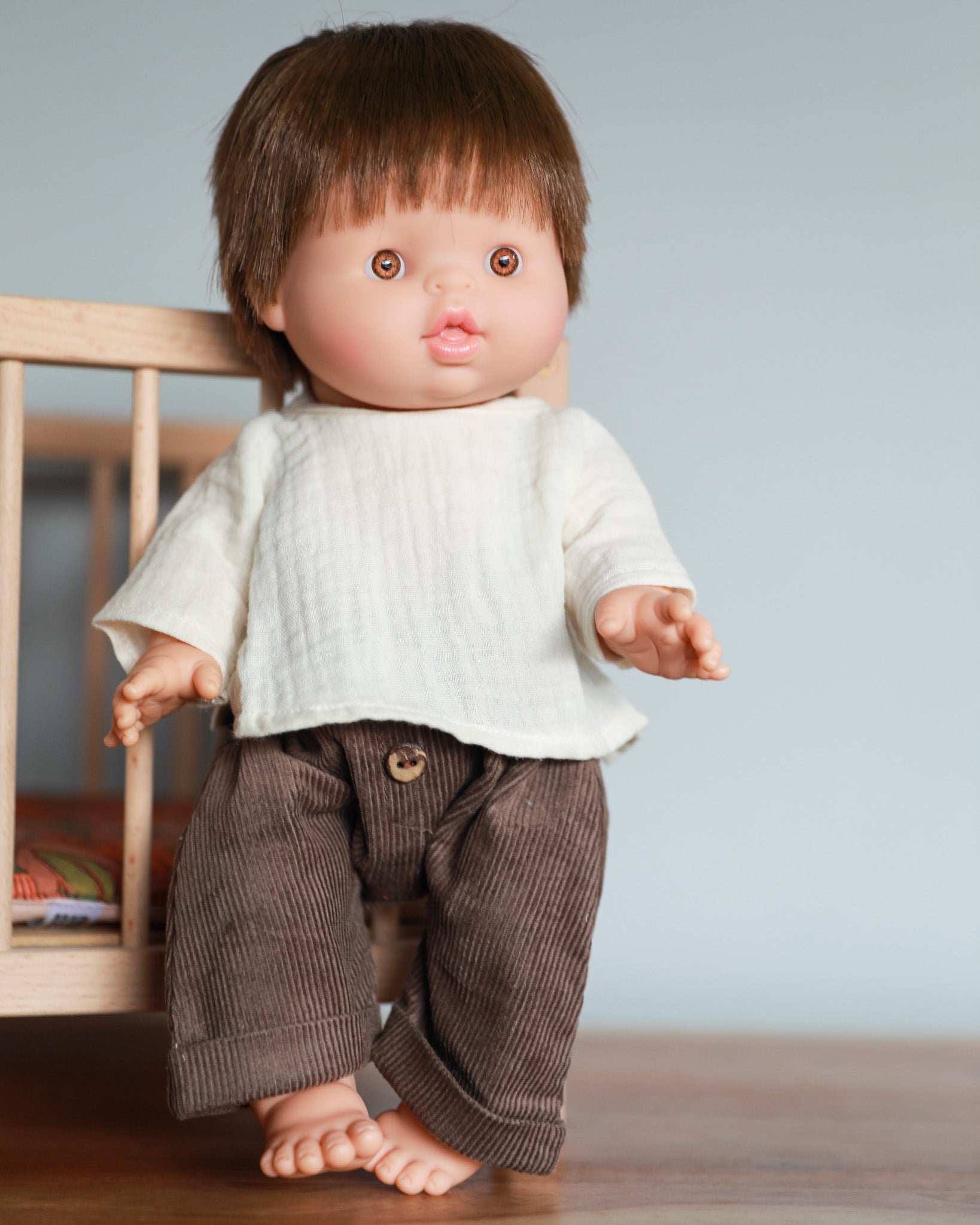 Minikane Doll Clothes | Baby Doll Muslin Top and Velvet Pant Set (Brown)