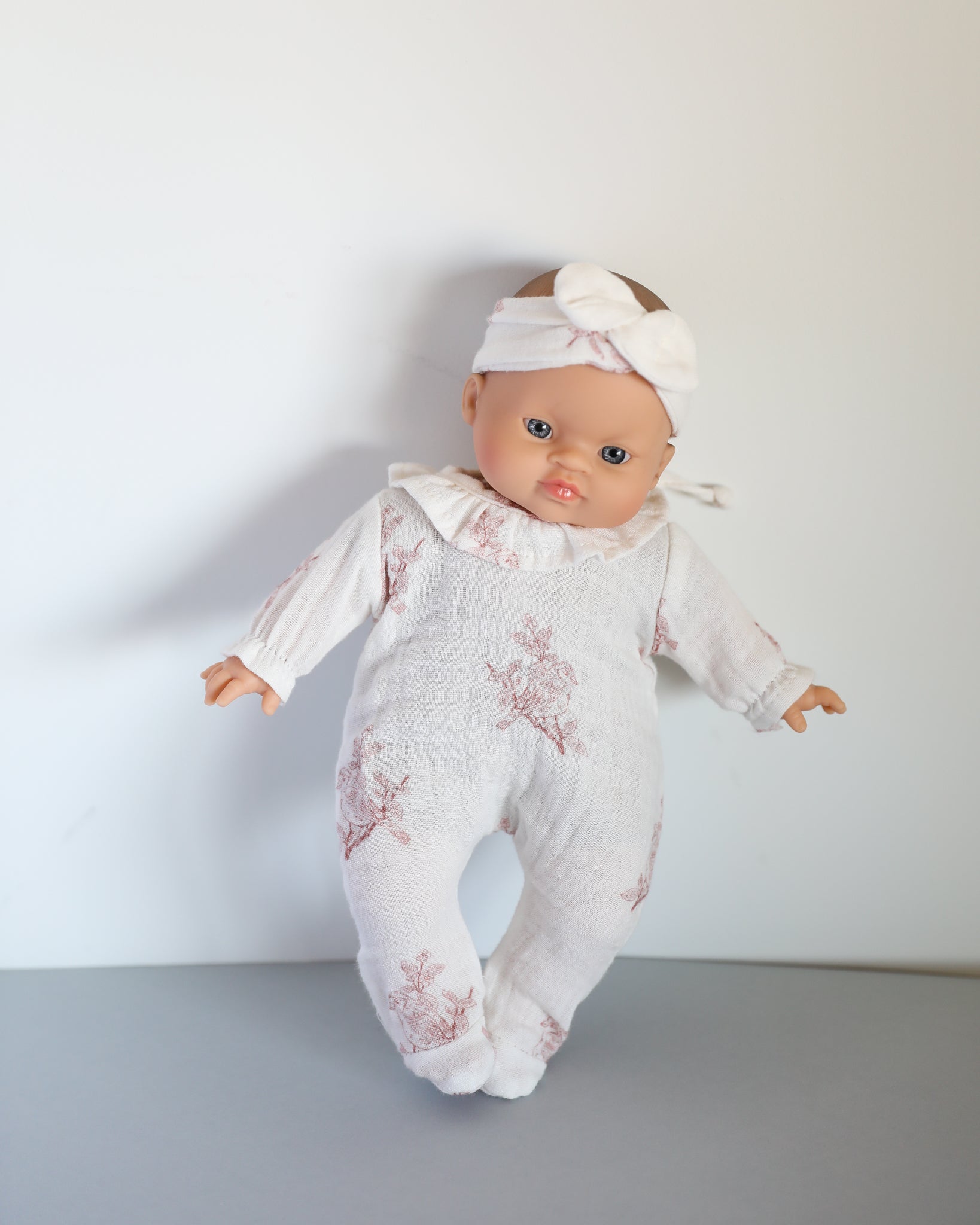 Minikane Doll Clothes | Soft Body Doll Onesie with Headband (Bird Print)