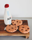 Danish handcrafted cookies and milk play food set with realistic silk-screened details on wooden cutting board