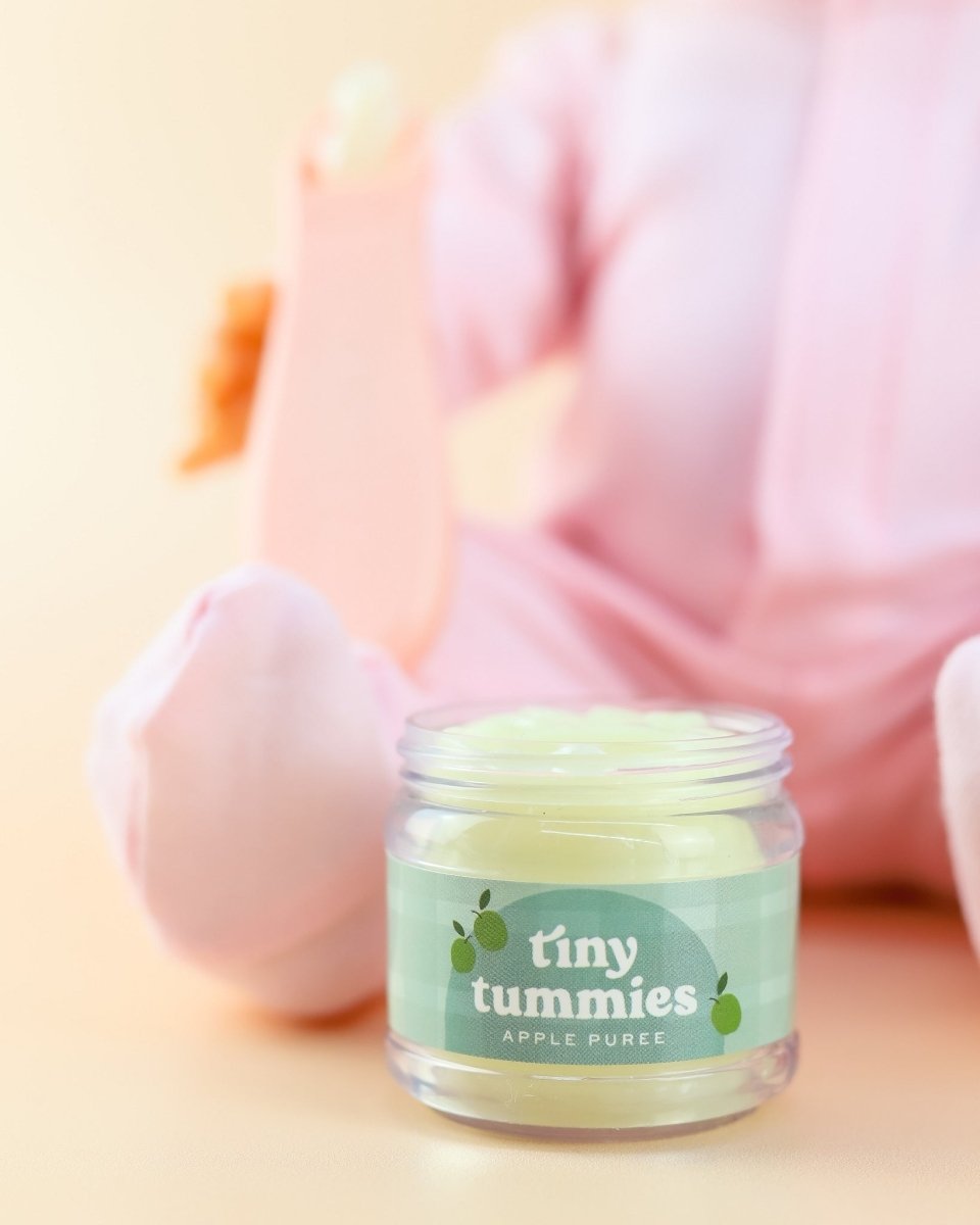 Realistic role play toys including Tiny Harlow apple puree doll food jar with spoon