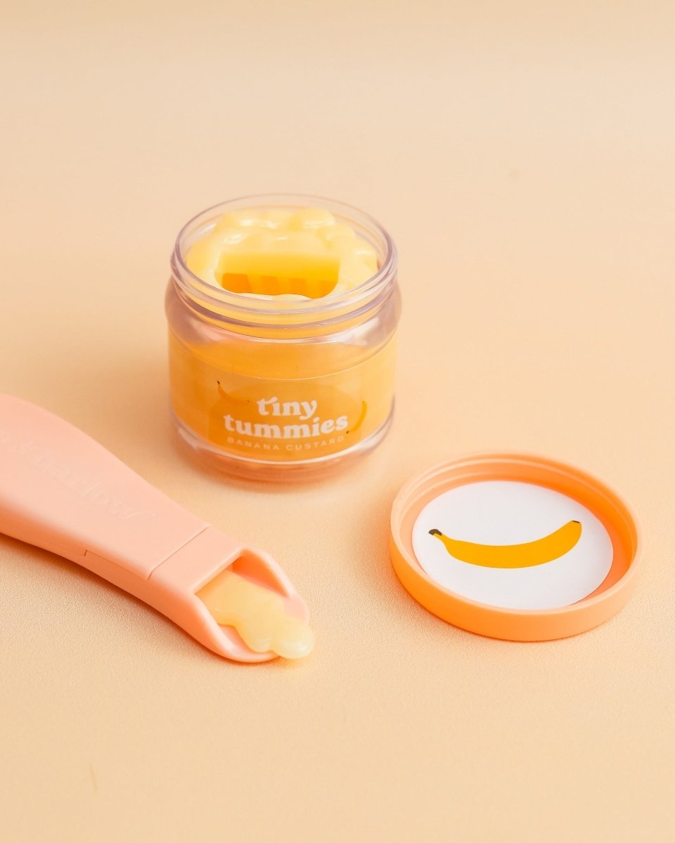 Miniature play kitchen food with Tiny Harlow banana custard doll jar and feeding spoon