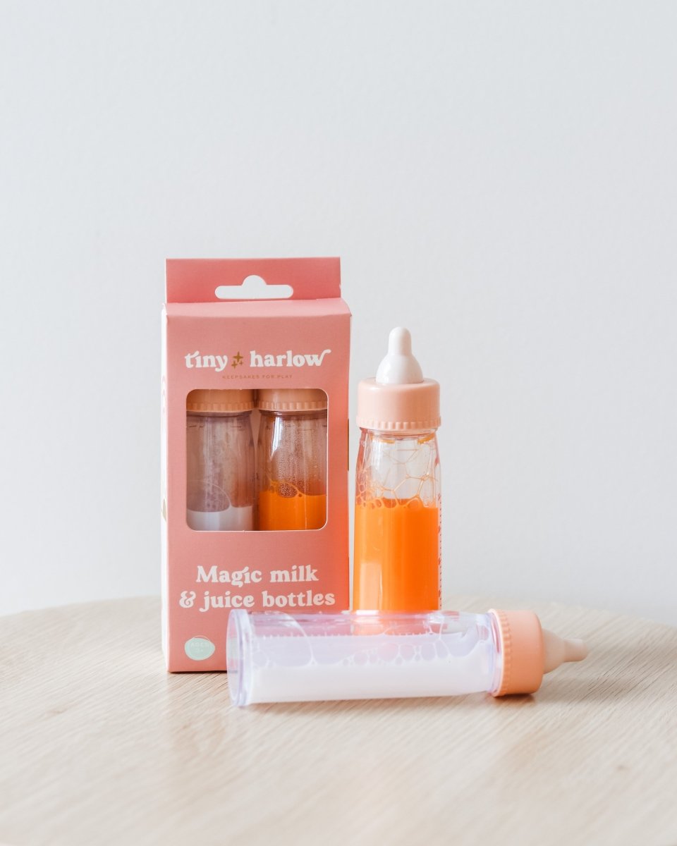 Realistic play kitchen accessories with Tiny Harlow Magic Milk and Juice Doll Bottle Set