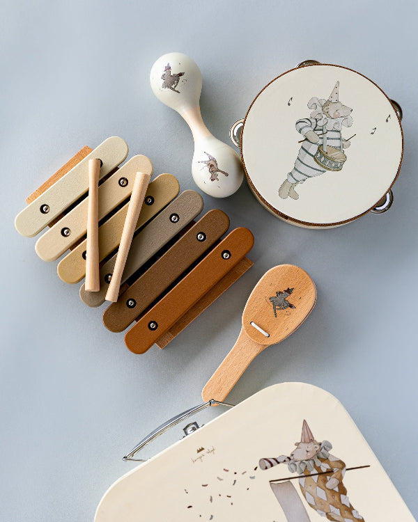 Complete wooden music play set with timeless illustrations and natural finish perfect for children
