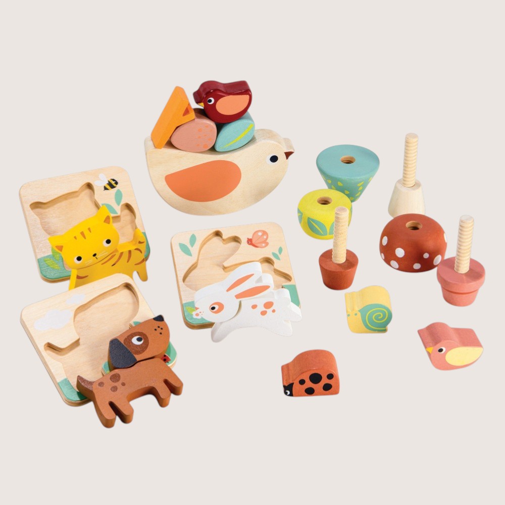 Seven developmental toys from Mentari for 2 year olds including tray puzzles