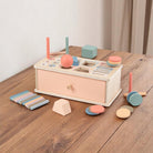 Complete wooden Montessori multi-activity sorting box with colorful shapes, sticks and storage drawer