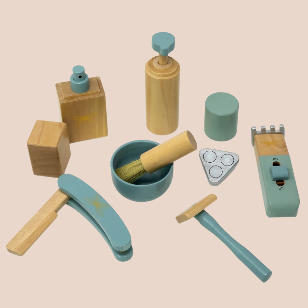 Complete 8-piece wooden barber set with teal and natural wood grooming tools and storage bag